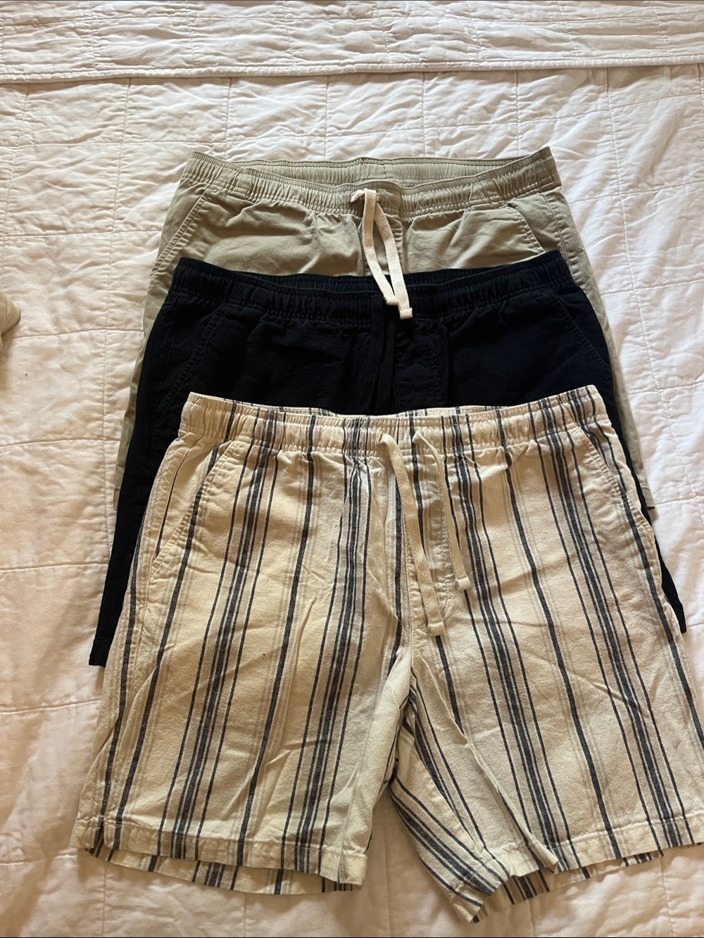 Casual Striped & Solid Drawstring Shorts Trio - Beige, Black, Navy Stripe